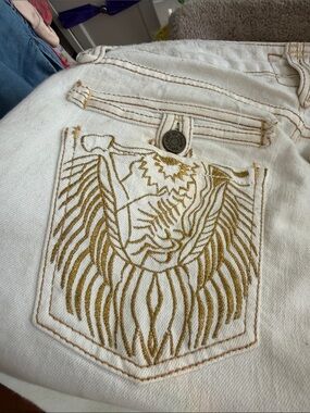 Taverniti Women's White low-rise Y2K Shorts with Gold Embroidered Pockets